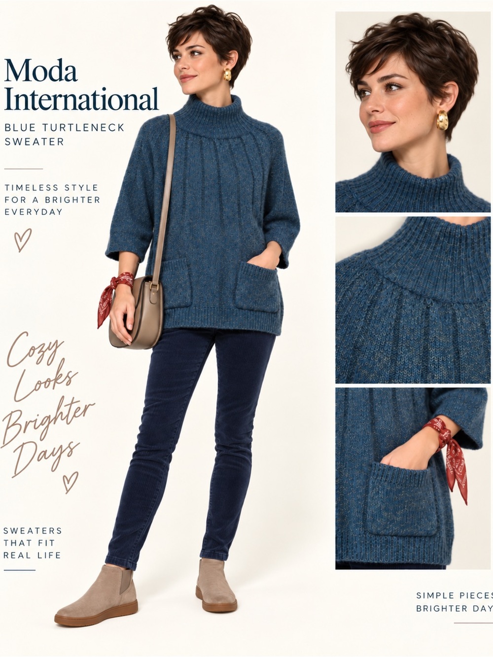 Moda International Blue Wool Mohair Funnel Neck Sweater Tunic M